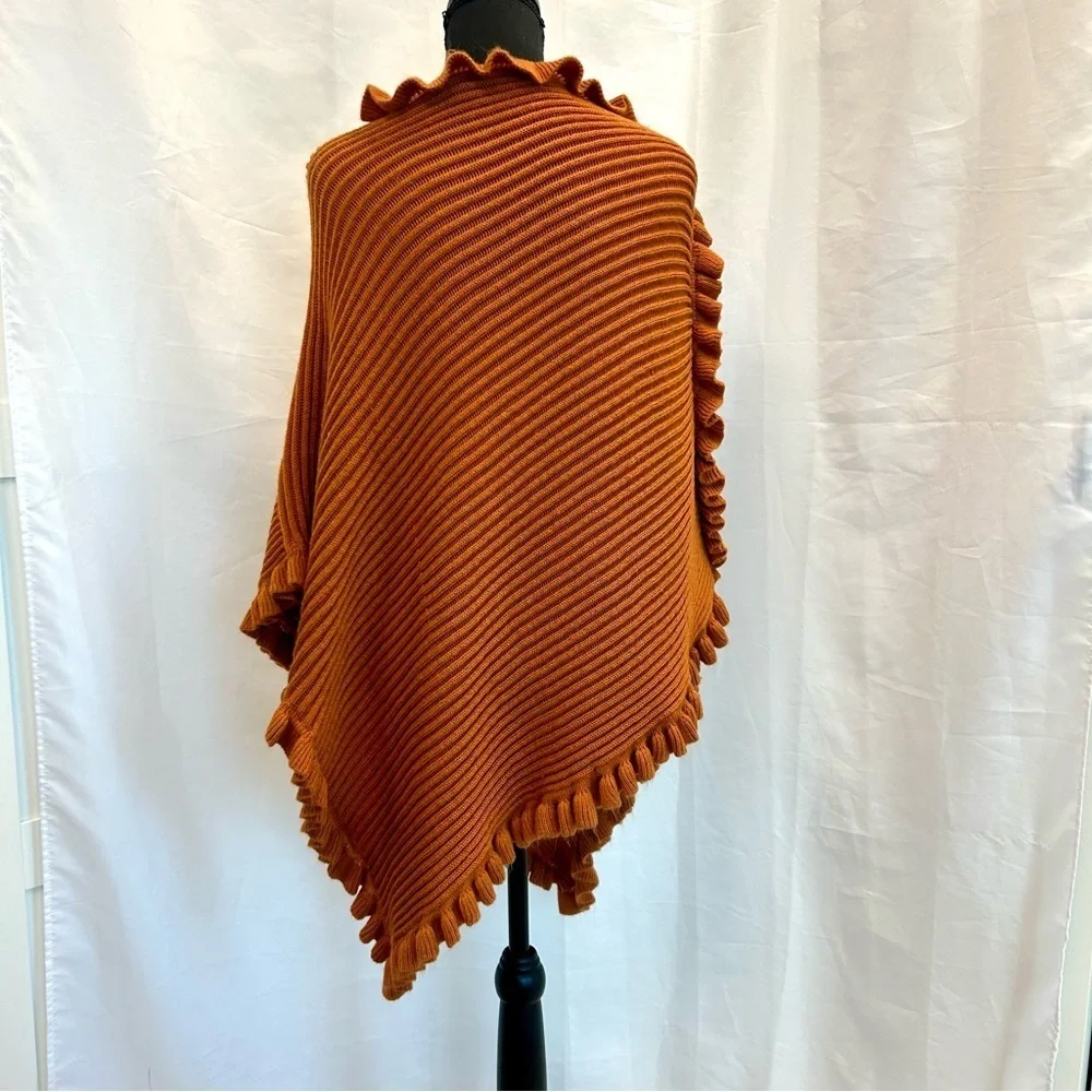 sarajane burnt orange ruffle frill knit cape shrug poncho shawl NWOT